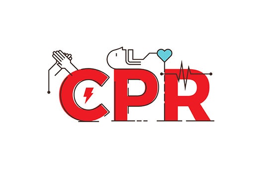 Stylized "CPR" text with icons for defibrillation, airway, heartbeat, and love, representing steps of life-saving cardiopulmonary resuscitation.