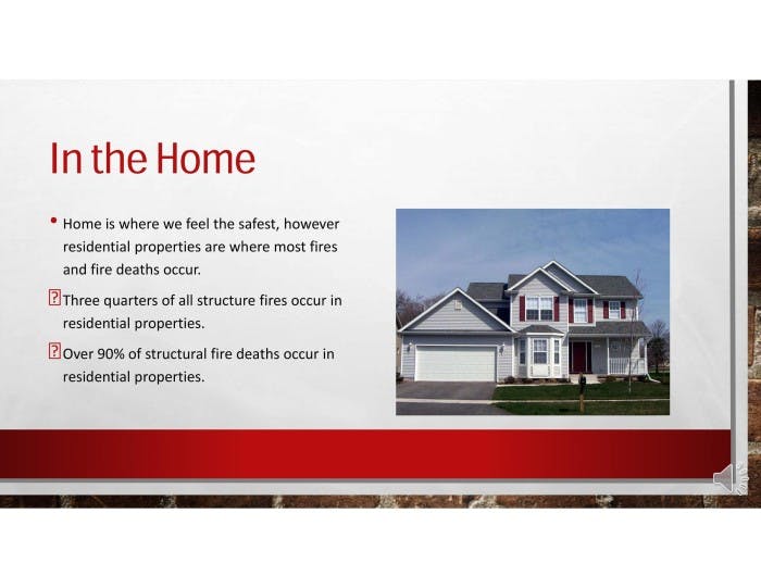 A slide titled "In the Home" with fire safety information and an image of a house.