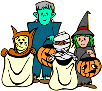 Cartoon children in Halloween costumes: a cat, a mummy, a green monster, and a witch, each holding a pumpkin bag.