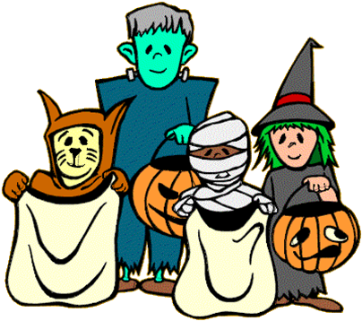Cartoon children in Halloween costumes: a cat, a mummy, a green monster, and a witch, each holding a pumpkin bag.