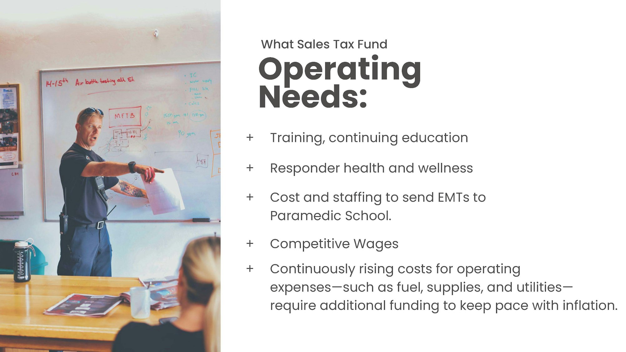 A person giving a presentation on operating needs, including training, health, staffing, wages, and rising costs.