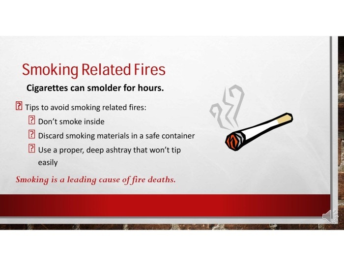 An informational graphic on preventing smoking-related fires, listing safety tips and noting smoking as a fire death cause.