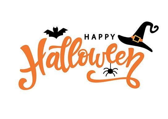 A "Happy Halloween" graphic with a witch hat, bats, and spider.