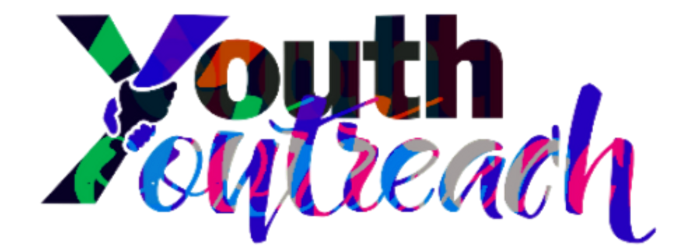 Colorful text overlay: "Youth outreach" in artistic fonts.