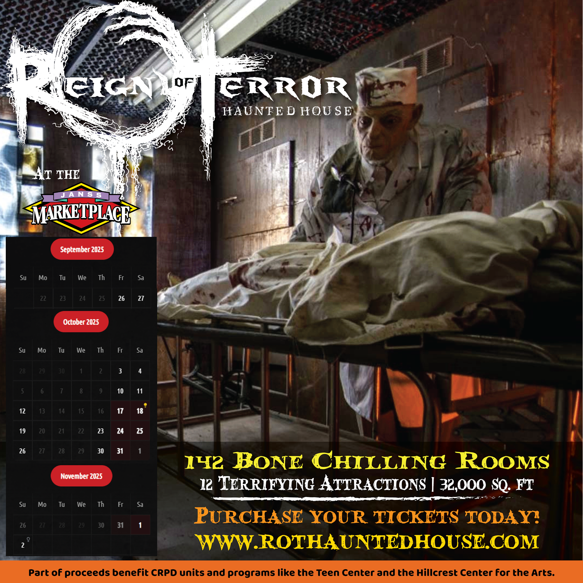 "Reign of Terror Haunted House: 142 rooms, 12 attractions, at Janss Marketplace. Tickets at rothhauntedhouse.com. Dates: Sept-Nov 2023."