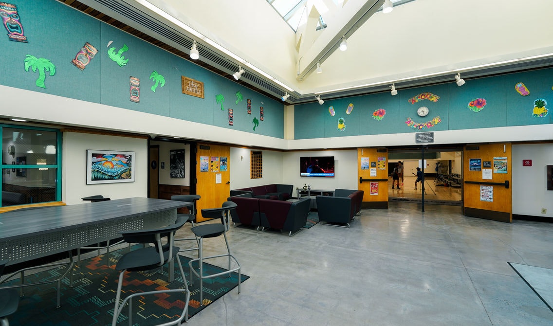 Modern lounge with chairs, tables, a TV, and tropical decor. Skylight ceiling, and a view of a gym through glass doors.