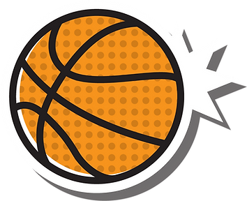 A stylized cartoon basketball with motion lines indicating movement.