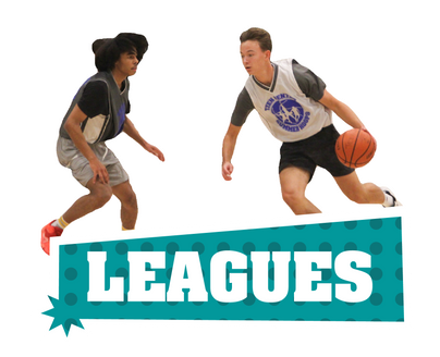 Two basketball players in action above a banner that says "LEAGUES."