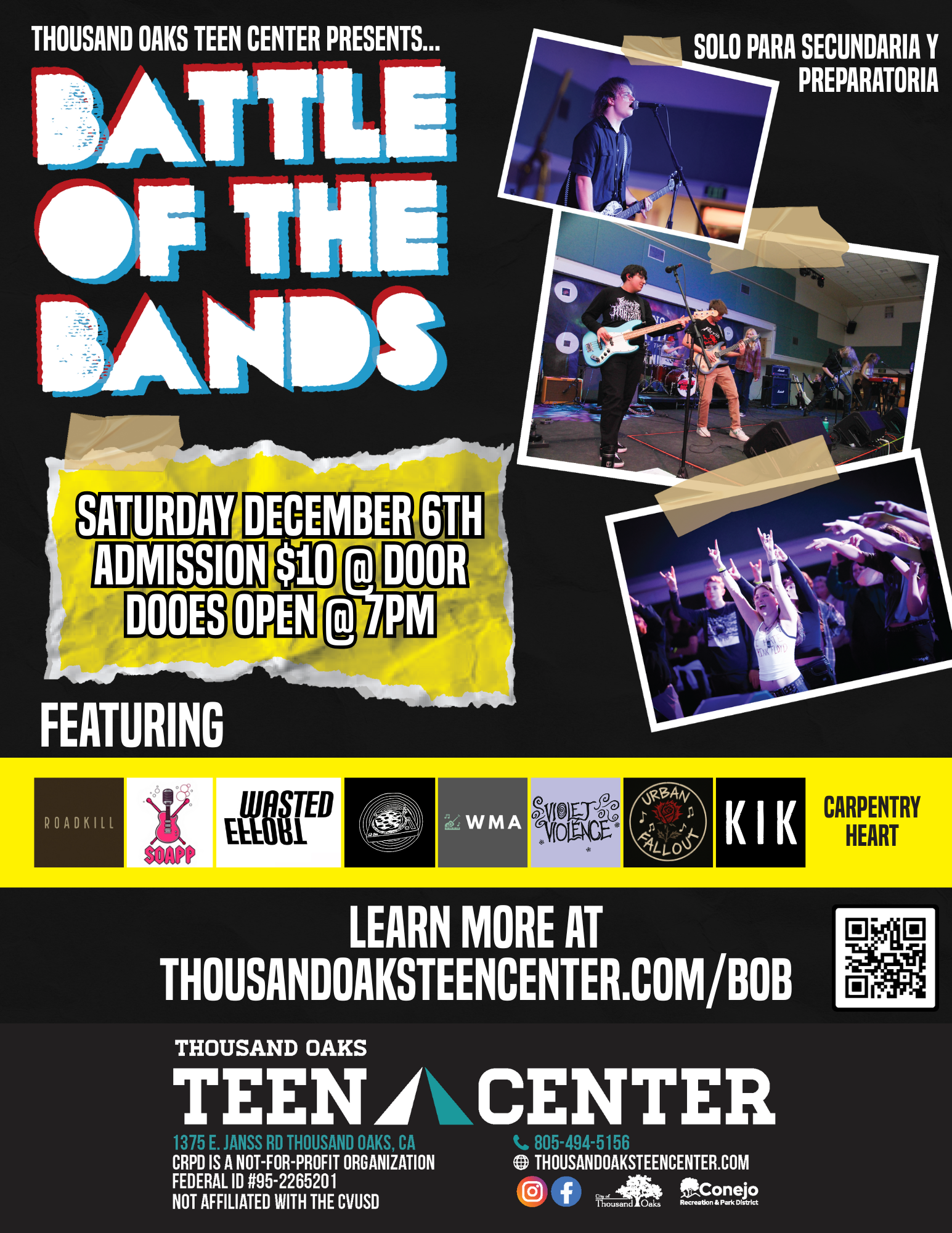 The image is a flyer for a "Battle of the Bands" event on December 6th at Thousand Oaks Teen Center. Admission is $10, doors open at 7 PM.