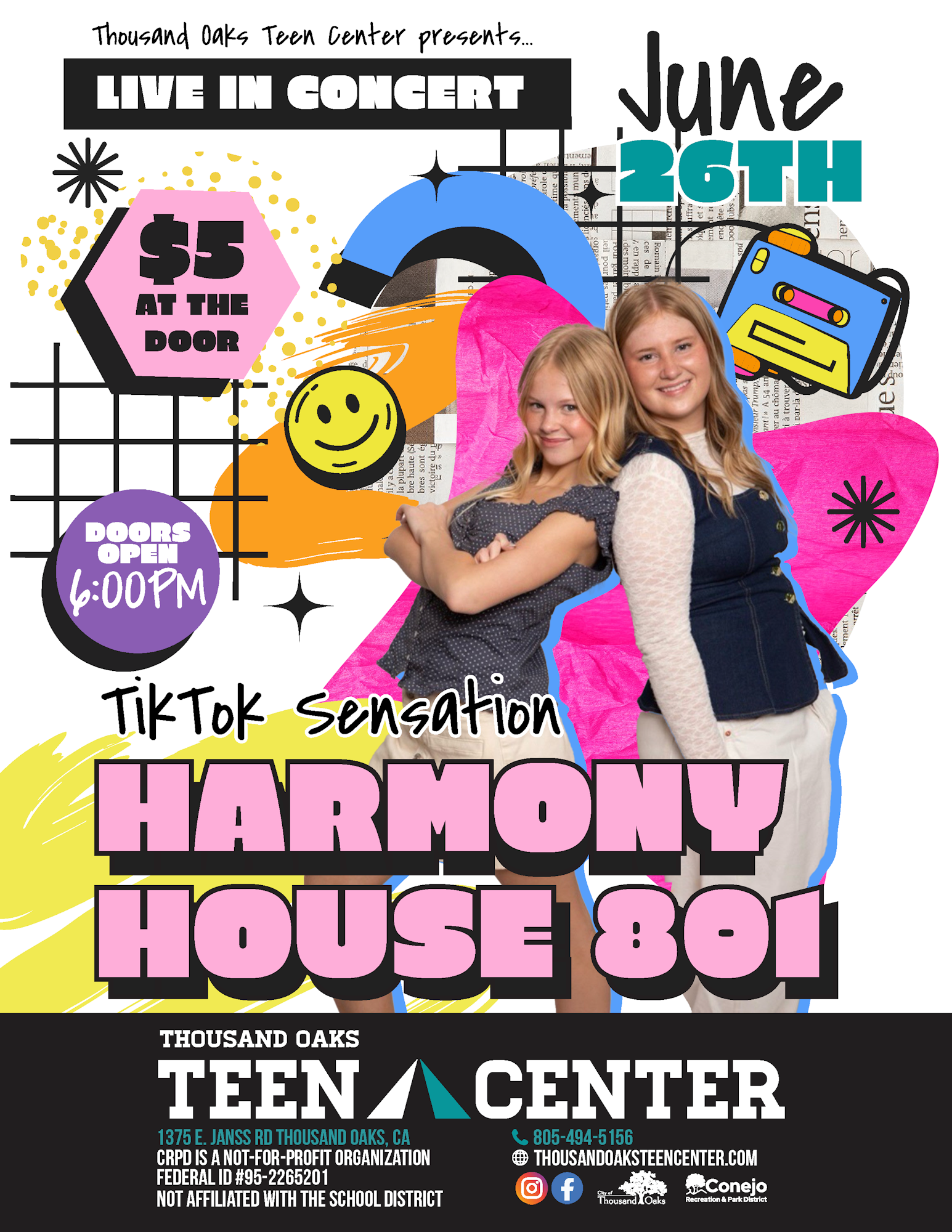 A concert featuring TikTok sensation Harmony House 801 on June 26th at Thousand Oaks Teen Center. Doors open at 6 PM. $5 entry.