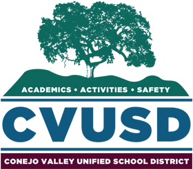 Conejo Valley Unified School District logo with tree, "Academics • Activities • Safety" and "CVUSD" text.