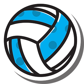 A stylized volleyball with blue and white panels, featuring polka dots.