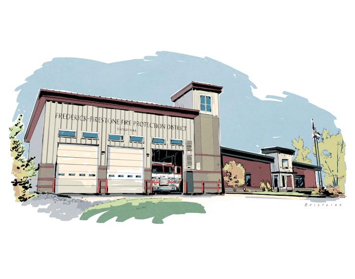 Fire station with a fire engine inside the garage with a fire pole in front of the station.
