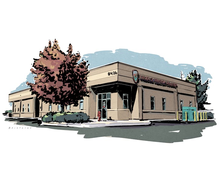 Illustration of a single-story building with trees and signage that reads "Frederick Firestone Fire District."