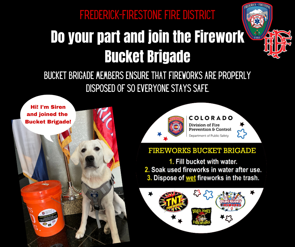 A dog named Siren promotes the Fireworks Bucket Brigade, ensuring safe disposal of fireworks in Frederick-Firestone.