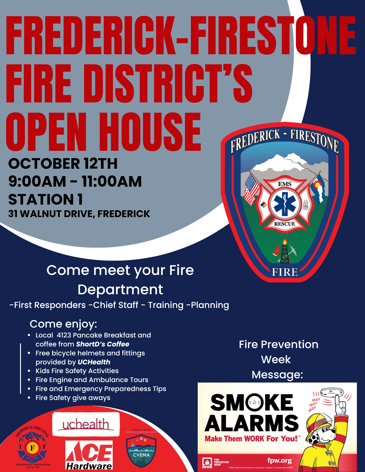 A flyer for Frederick-Firestone Fire District's Open House event with details on activities, date, time, and location.