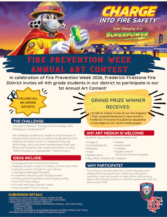The image promotes a Fire Prevention Week art contest for 4th graders, encouraging creativity about fire safety and charging devices.