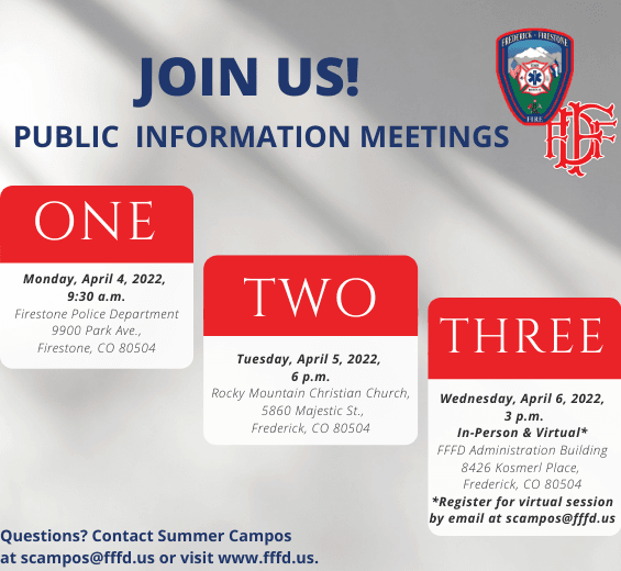 Invitation to three public information meetings with dates, times, locations, and contact info.