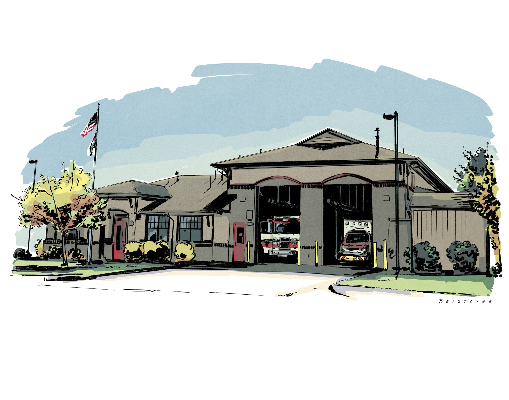 Illustration of a fire station with fire trucks inside, an American flag, and trees.