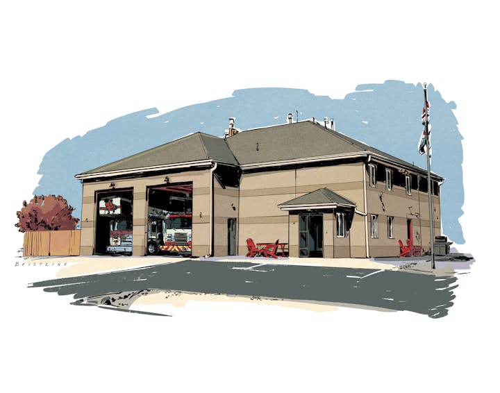 Fire station with open bay doors showing two trucks, and red chairs outside under a blue sky.