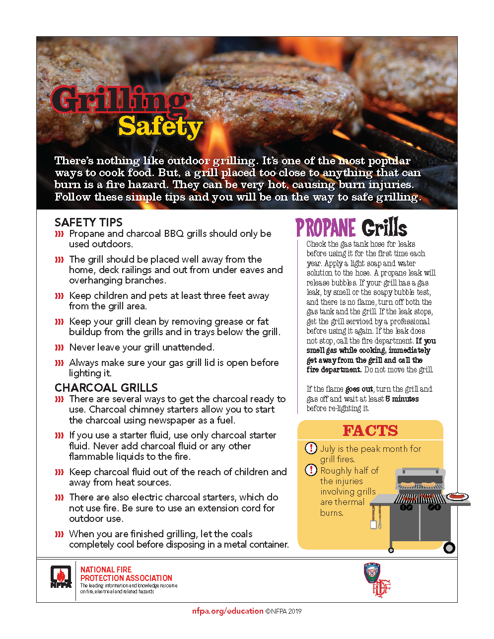 The image provides safety tips for outdoor grilling, covering propane and charcoal grill use to prevent fire hazards and injuries.