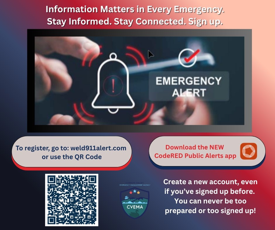 The image promotes emergency alerts and registration via a website or QR code, emphasizing the importance of staying informed and prepared.
