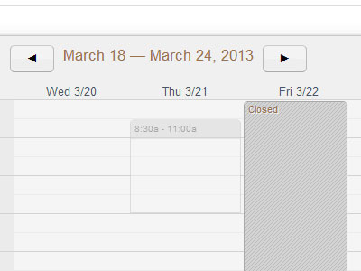 A calendar interface showing dates from March 18–24, 2013 with a scheduled event on Wednesday from 8:30 to 11:00.