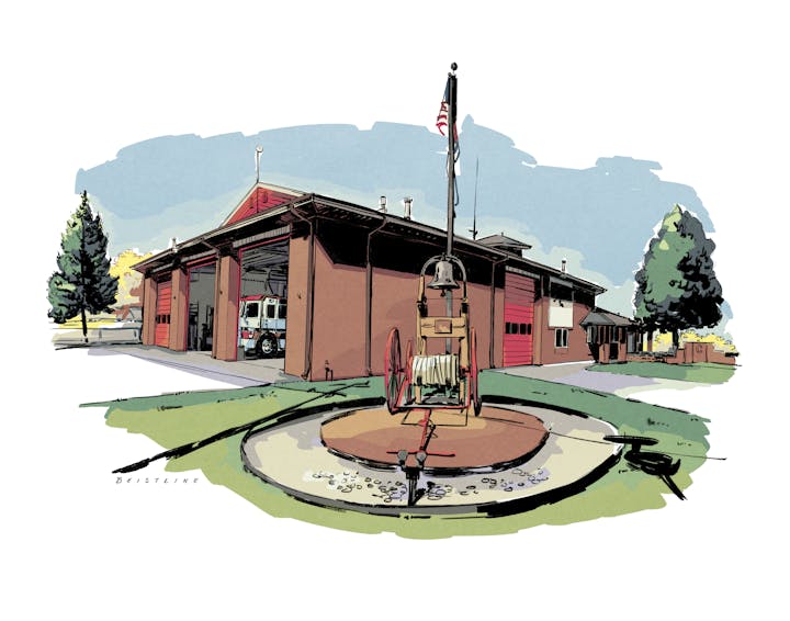An illustration of a fire station with an American flag and a vintage fire hose cart in the foreground.