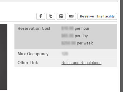 A partial screenshot of a reservation interface with cost, occupancy info, and social media buttons blurred out.