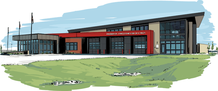 Illustration of a modern fire station building with a glass facade and flags flying.