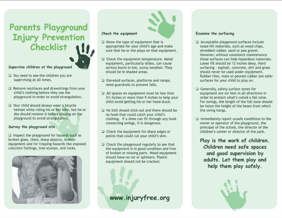 A checklist for parents to prevent playground injuries, covering supervision, equipment checks, and safety surface assessments.