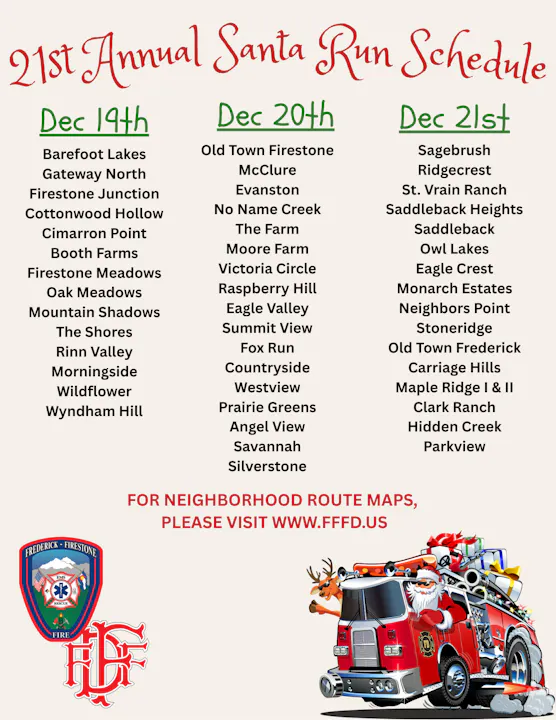 The image displays the schedule for the 21st Annual Santa Run, detailing locations for December 19th, 20th, and 21st.