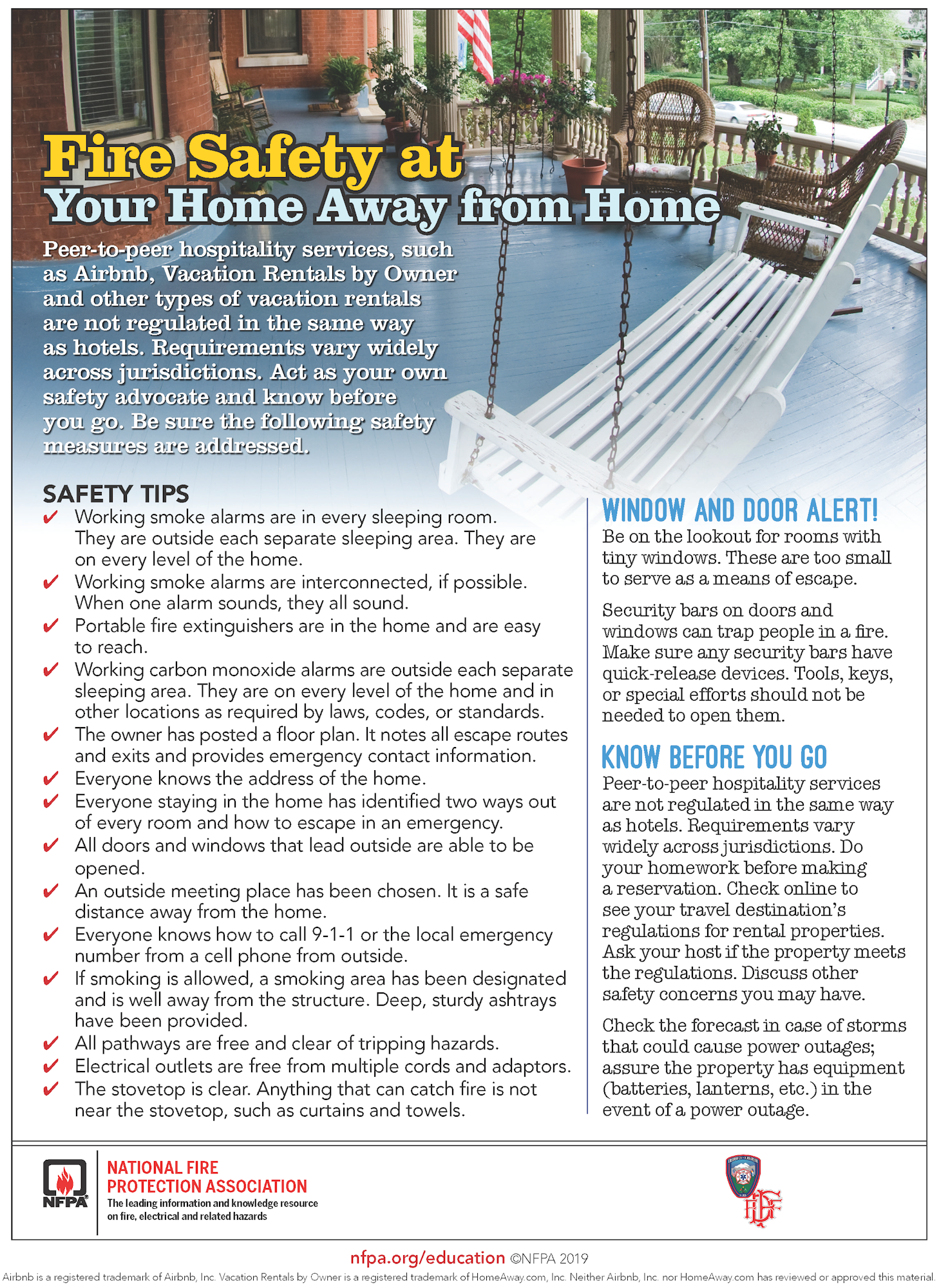 The image outlines fire safety tips for vacation rentals, emphasizing smoke alarms, exits, emergency contacts, and hazards.
