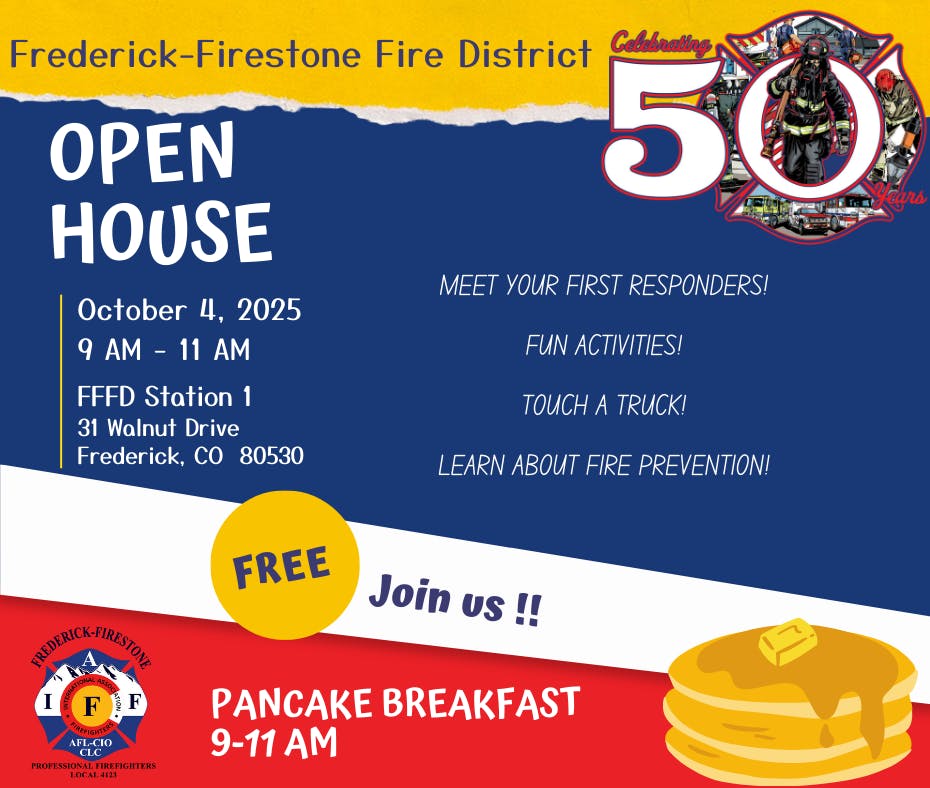 Frederick-Firestone Fire District Open House on October 4, 2025, 9-11 AM at FFFD Station 1. Free pancakes, meet responders, fun activities!