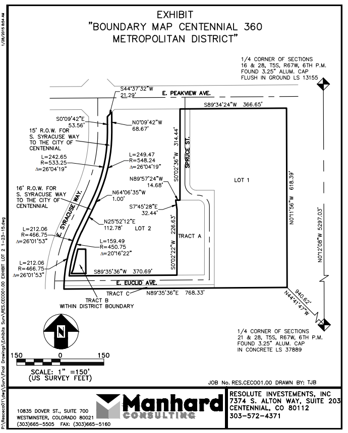 Boundary map of Centennial 360 Metropolitan District with street coordinates, lot divisions, and survey details.