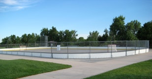 Empty outdoor hockey rink with boards and nets, surrounded by grass and trees under a blue sky.