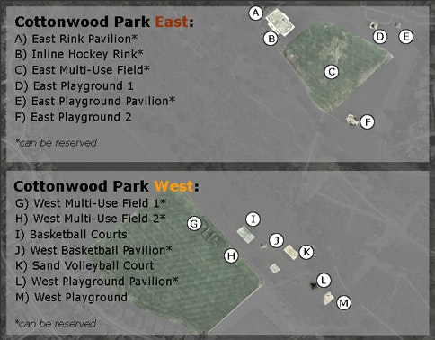 Map legends for Cottonwood Park East & West, showing facilities like pavilions, playgrounds, and sports courts.