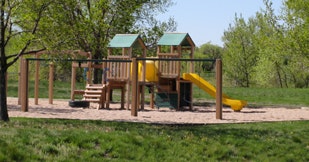 Wooden playground with a slide and swings, surrounded by trees and grass, on a sunny day.