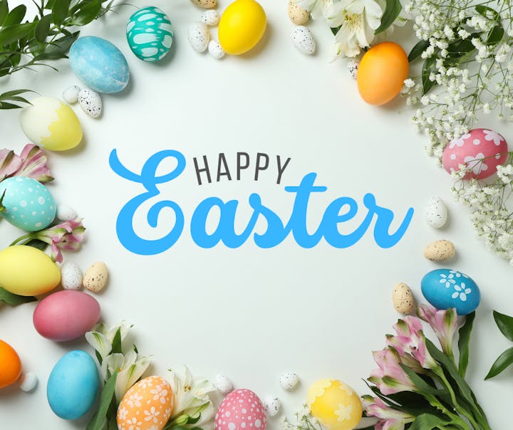 Colorful Easter eggs and flowers, with a cheerful "Happy Easter" message. Perfect for spring celebrations!