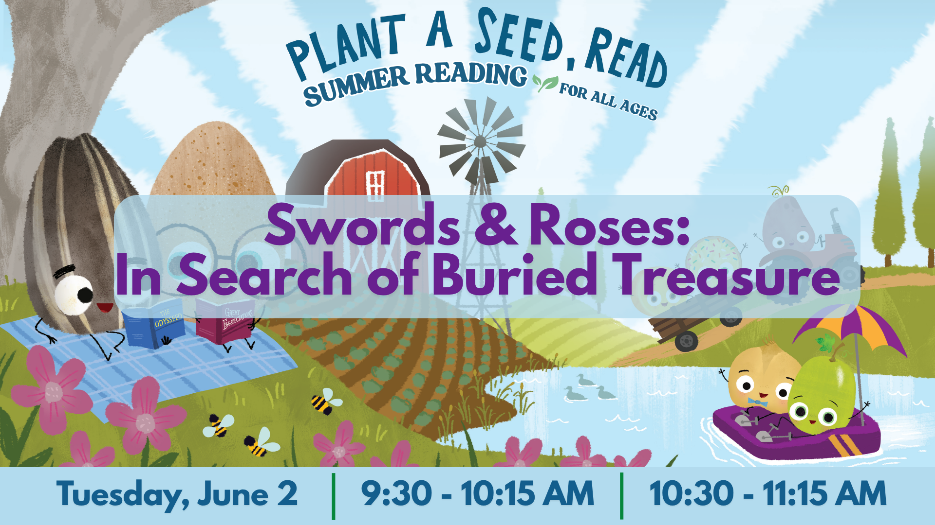 The image promotes a summer reading event titled "Swords & Roses: In Search of Buried Treasure" on June 2.