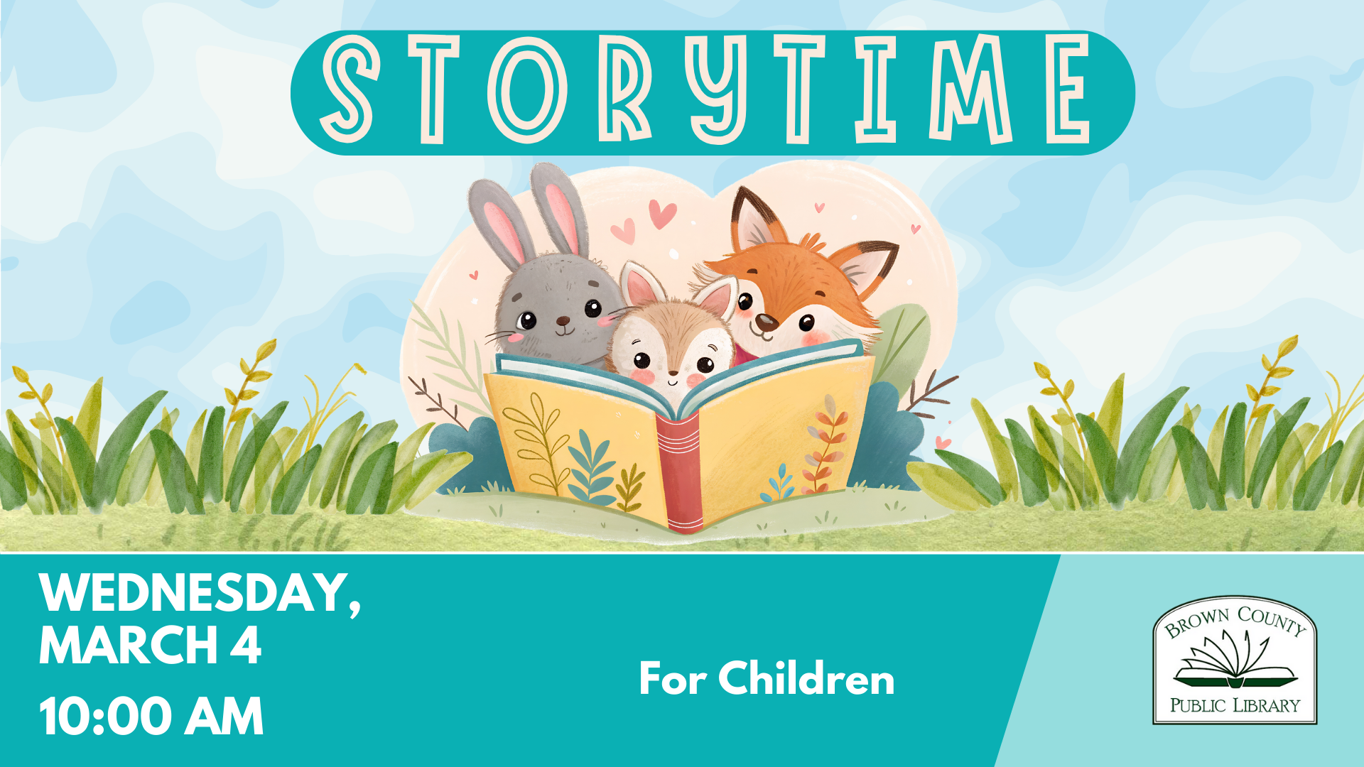 The image promotes a children's storytime event at Brown County Public Library on March 4 at 10:00 AM.