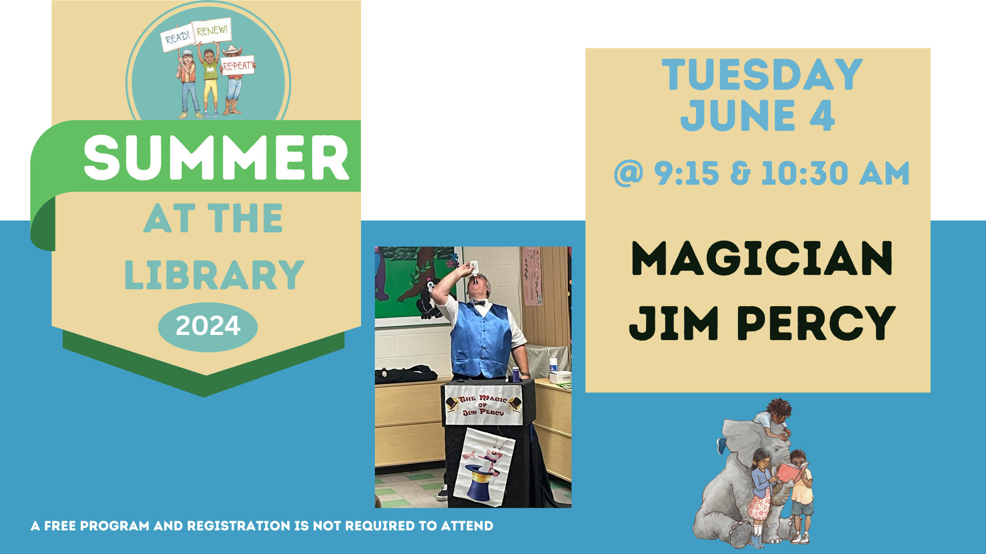 A flyer for a magician's show at a library summer event in 2024, with showtimes and images of the performer and children reading.