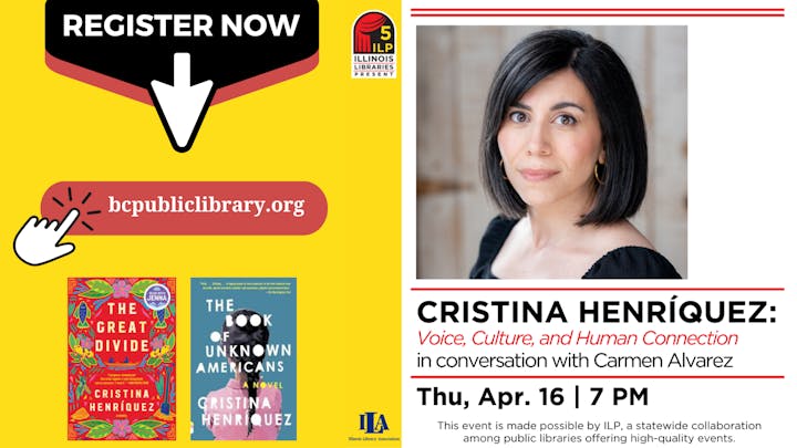 The image promotes an event featuring Cristina Henríquez discussing culture and connection, April 16 at 7 PM, via bcpubliclibrary.org.