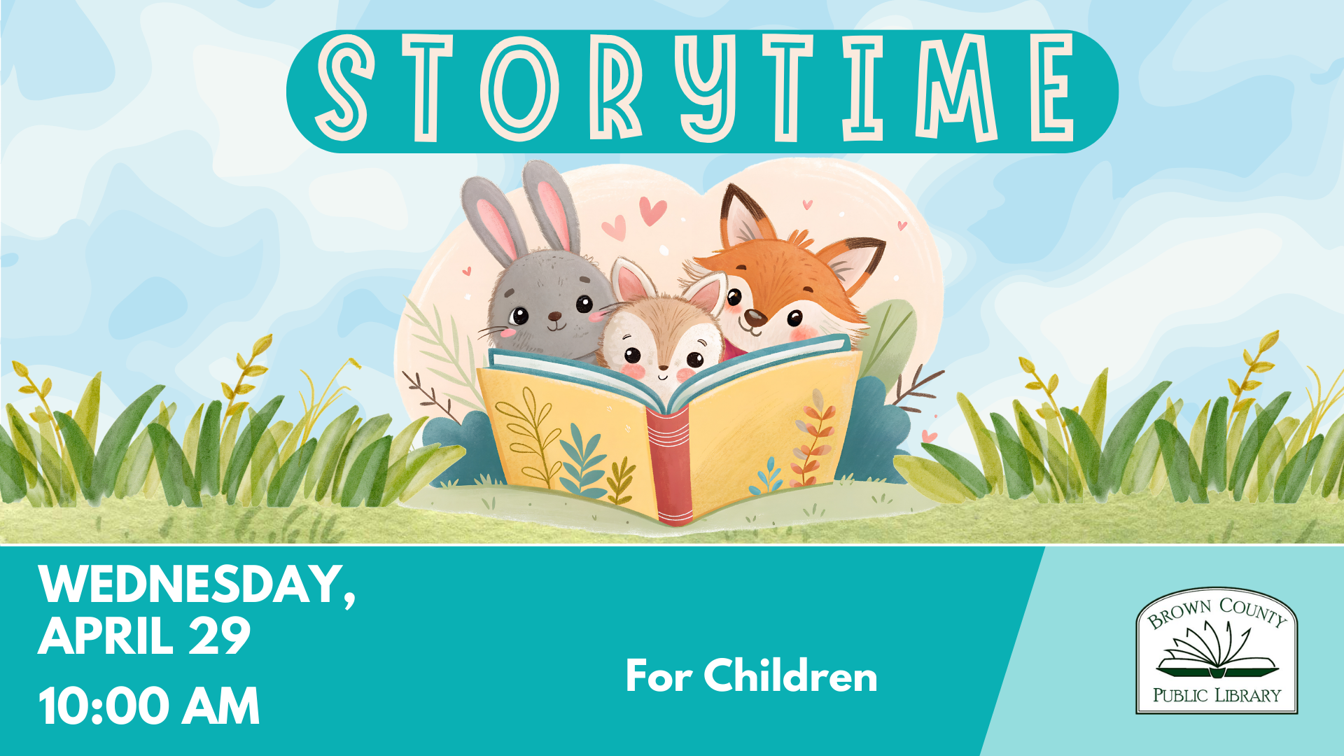 A library storytime event for children is scheduled for Wednesday, April 29, at 10:00 AM. Illustrated animals are reading.