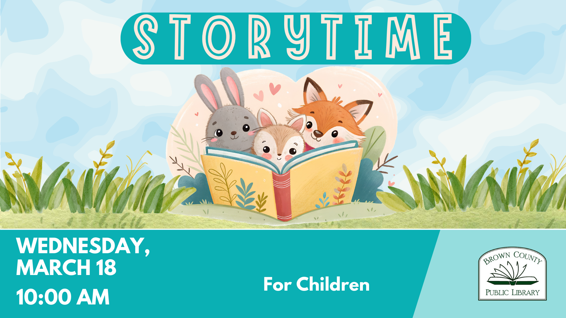 A colorful poster for a children's storytime event on March 18 at 10:00 AM at the Brown County Public Library.