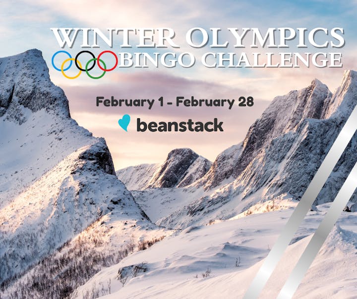 The image promotes a Winter Olympics Bingo Challenge happening from February 1 to February 28, hosted by Beanstack.