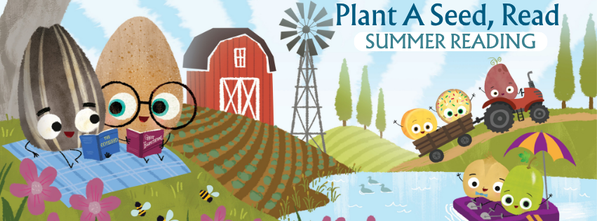 A colorful illustration promoting summer reading, featuring cute seeds reading, a barn, a tractor, and cheerful nature elements.
