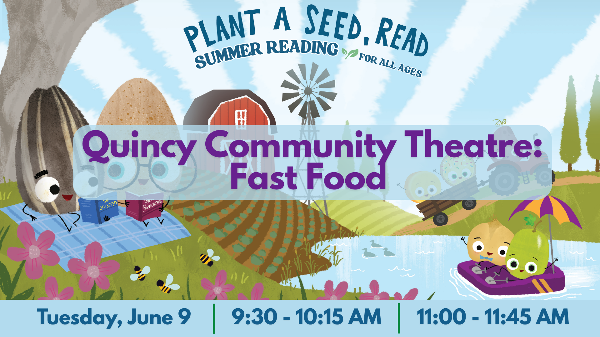 The image promotes a summer reading event at Quincy Community Theatre titled "Fast Food," on June 9, with two sessions scheduled.