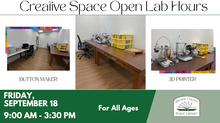 An inviting library workspace with equipment and tools available for all ages on September 18, 9:00 AM - 3:30 PM.