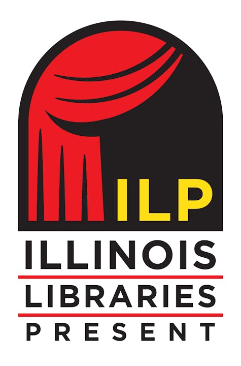 The image features a logo for "Illinois Libraries Present" with the acronym ILP and a stylized design including red and black elements.